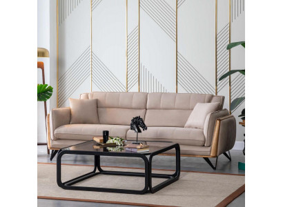 Dreisëtzer Beige Canapé Sofa Miwwelen Polster Ariichtung Canapéë Sofaen Holz