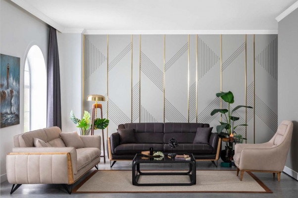 Dreisëtzer Beige Canapé Sofa Miwwelen Polster Ariichtung Canapéë Sofaen Holz