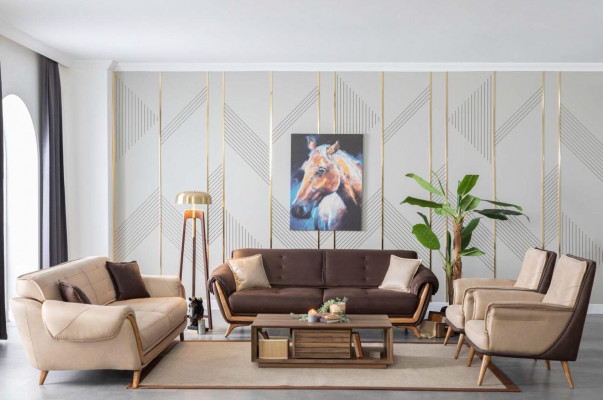 Drësëtzer Beige Canapé Sofa Miwwel Ariichtung Canapéen Sofas Neig Beige