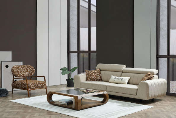 Canapé-Gruppe Stoffcanapé Polsterkanapé Dräi-Sëtz Fauteuil Beige Canapé 2 Deeler