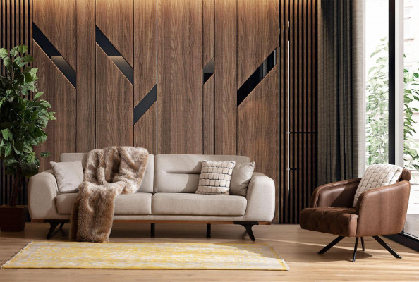 Sofa-Garnitur Klassesch Stoffsofa Dräi-Sëtzer Fotell Beige Polstersofa