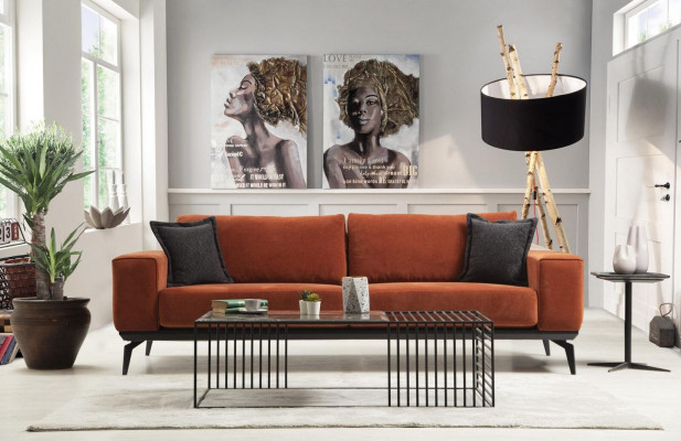 Orangen Drësëtzeger Stoffcouch Polstersofa Modern Stoff 3 Sëtz Sofa