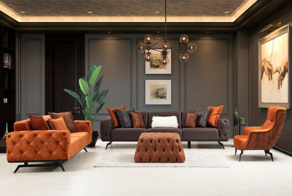 Couchgarnitur Véiersëtzer Dräisëtzer Fauteuil Orange Canapé 3tlg Stoffsopha