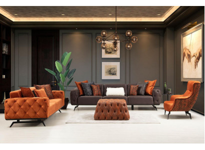 Couchgarnitur Véiersëtzer Dräisëtzer Fauteuil Orange Canapé 3tlg Stoffsopha