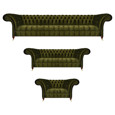 Chesterfield Gréng Sofagarnitur Wunnzëmmer Luxus Textil Sofas Set Nei