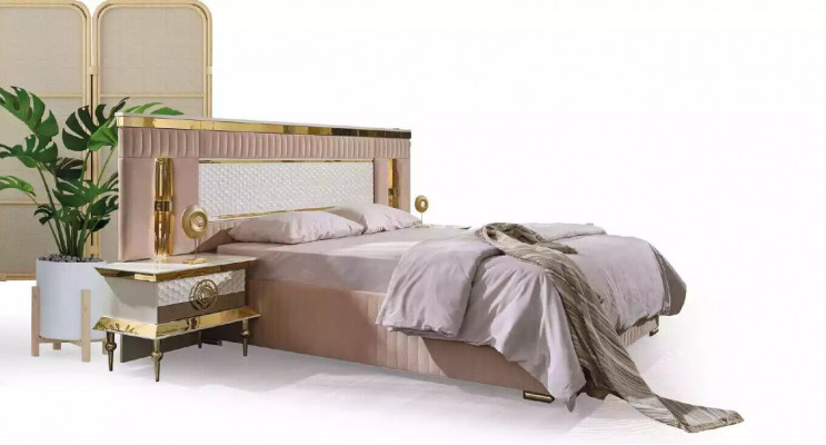 Beige Schlofzëmmer Set Duebelbett 2x Nuetsdëscher Schlofdëscher 3 Deeler