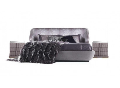 Graut Schlofzëmmer Set Bett 2x Nuetsdëscher Designer Duebelbett Holz 3tlg