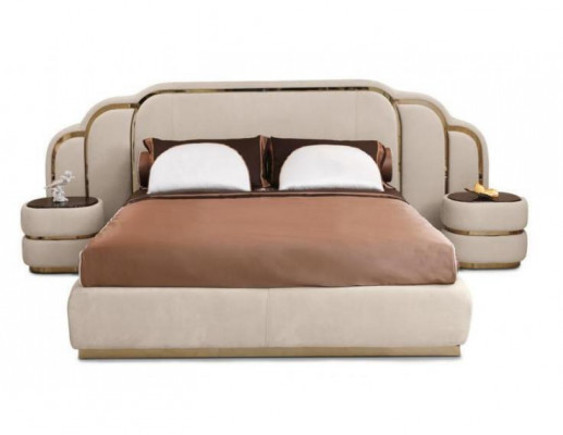 Beige Schlofkummer Miwwelen Bett 2x Nuetsdësch Holz Garnitur Luxus Set 3tlg