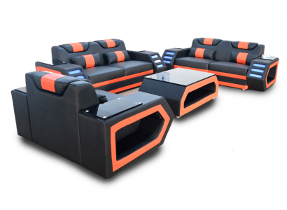Designer Sofagarnitur Sofa Polsterset 3+2+1 Ledersofa beliicht Lieder