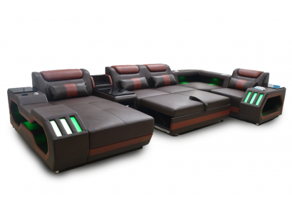 Luxus Ecksofa U-Form Wunnzëmmer Sofa mat Schloffunktion Couch Miwwelen LED