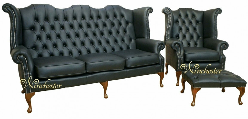 Schwaarzt Chesterfield Ledersofa Couch Polster Garnitur 3+1 Sëtzer Ouerensëtz.