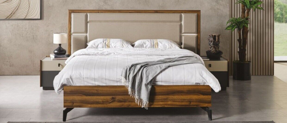 Bett, Nuetsdësch, Kleederschaf 4 Deeler Schlofzëmmer Set Design Modern Luxus