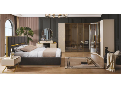 Elegante Schlofzëmmer-Set 6tlg luxuriéis Beige Miwwelen Holz Eckschaf Nachttisch.