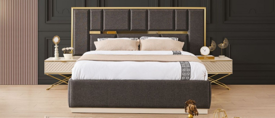 Elegante Schlofzëmmer Set aus 3 Deeler modern luxuriéis Miwwelen Beige Faarwen
