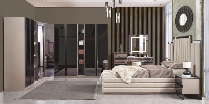 Luxus Schlofkummer Set 6tlg Modernen Stil Holzméiwwel Bett Schminktisch Set