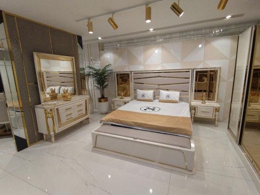 Modern Schlofkummer Set Bett 2x Nuetsdëscher Kommode mat Spigel Schaf Nei