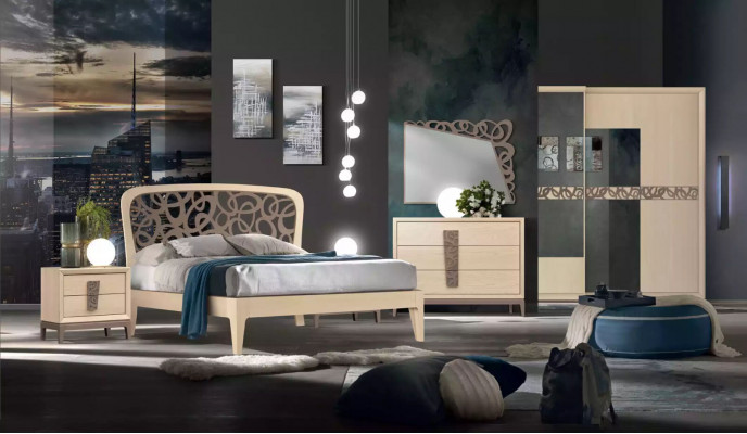 Schlofzëmmer Set Bett 2x Nuetsdësch Design Miwwelen nei 3tlg Modern Holz