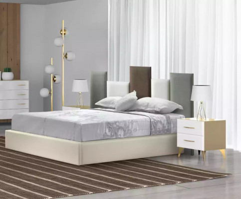 Schlofzëmmer Set Bett 2x Nuetsschrëffche Holz wäiss komplett Modern 3tlg