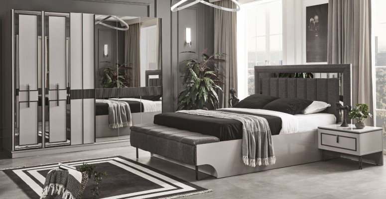 Schlofzëmmer Set Komplett Bett 2x Nuetsdëscher Kleederschaf Luxus Miwwelen