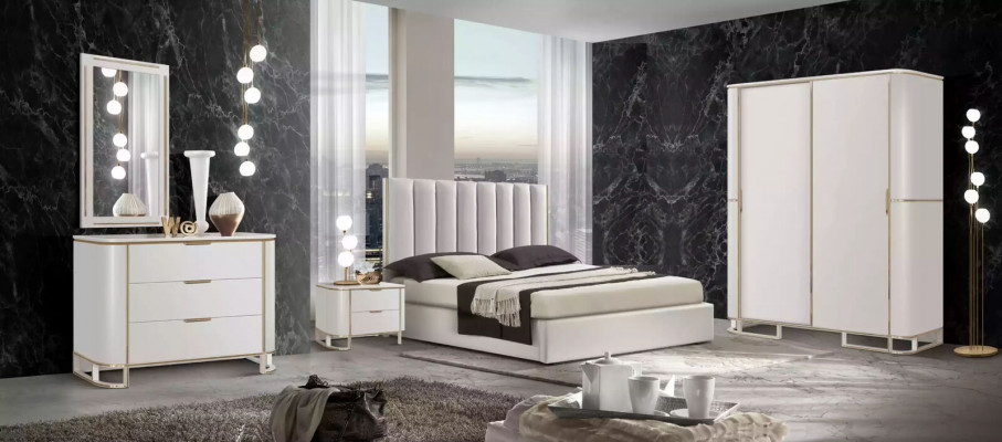 Schlofkummer Set Luxus Bett 2x Nuetsdëscher Design nei wäiss 3tlg Modern