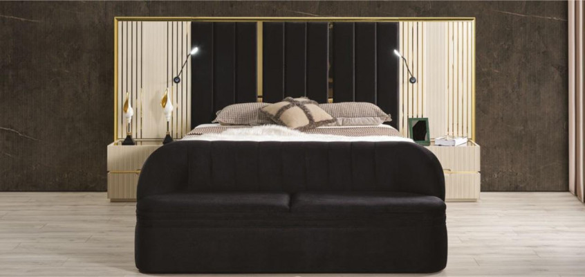 Schlofzëmmer Set vu 4 Deeler luxuriéis Holz Miwwelen Elegant Schaf Nolampdësch Hocker