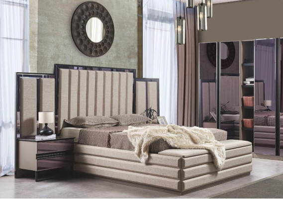 Stilvoll Schlofkummer Set Bett an 2x Nuetsdëscher nei Luxus Holzmiwwelen