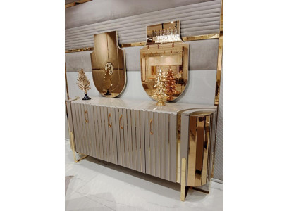 Kommode mat 2x Spigel Holzmiwwel Anrichte Luxus Miwwel Modern Miwwel 3 Deeler. Nei