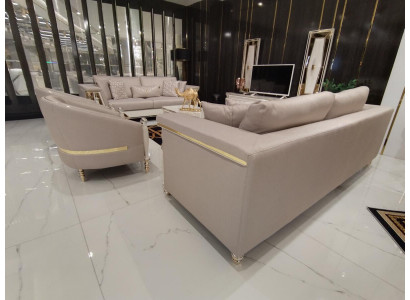 Luxus Sofagarnitur 3+3+1 Sëtzer Design Miwwelen Beige Fautteuil Sofa Textil Holz Nei