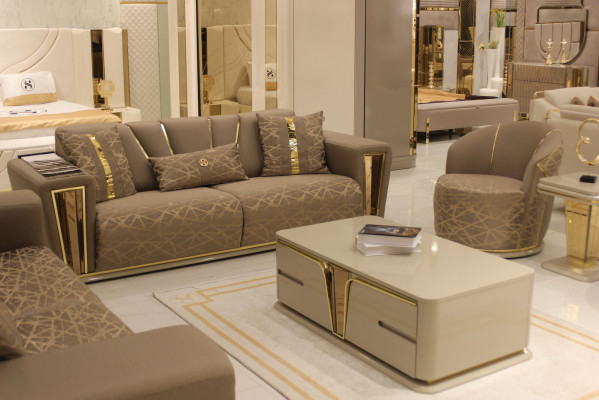 Sofasäll 3+3+1+1 Sëtzplazen + Dësch + Wunnwand Modern Textil Komplett Nei