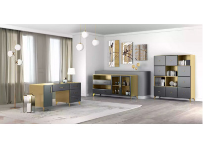 Wunnzëmmer Set Schreifdësch Sideboard Bicherregal 3tlg. Dësch Miwwelen Holz