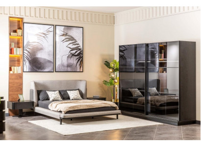 Moderne Schlofzëmmer Set Designer Duebelbett x2 Nuetsdëscher Glassschaf