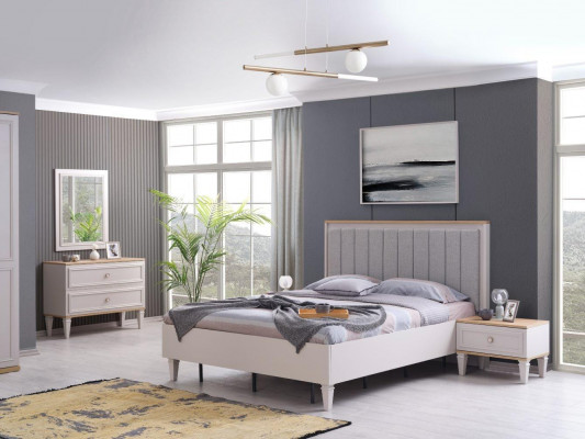 Modern Schlofzëmmer Set Duebelbett Bett Nuetsdëscher Gri wed Holz Set 5 Deeler