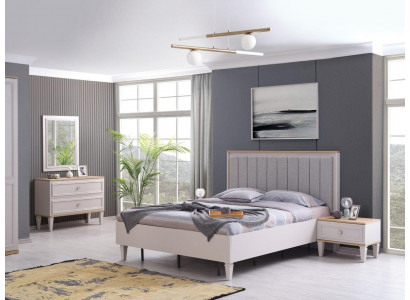 Modern Schlofzëmmer Set Duebelbett Bett Nuetsdëscher Gri wed Holz Set 5 Deeler