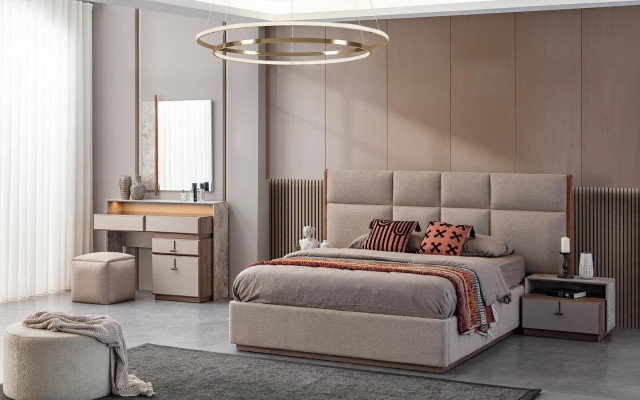 Luxus Schlofzëmmermiwwelen Duebelbett Nuetsdëscher Gro 6-Deeler Schaftt Bett