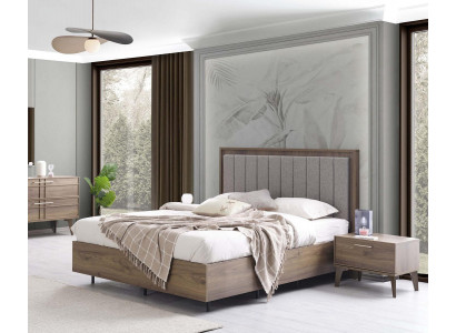 Schlofkummer Garnitur Duebelbett Bett Nuetsdëscher Brong Holz Set 3 Deeler