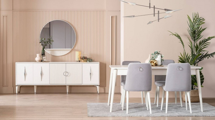 Iessgruppe Garnitur Iesssall Iessdësch Set 9tlg Iesseck Wäiss Holz Grouss