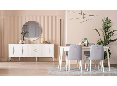 Iessgruppe Garnitur Iesssall Iessdësch Set 9tlg Iesseck Wäiss Holz Grouss