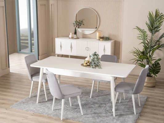 Iessgruppe Garnitur Iesssall Iessdësch Set 9tlg Iesseck Wäiss Holz Grouss