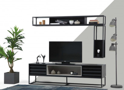 Wunnwand RTV Lowboard Regaler TV Stänner Set Holz Modern Schwaarzt Design