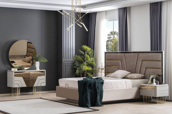 Schlofkummer Set Bett 2x Nuetsdëscher Kommode Spigel Luxus Set 5 Stécker