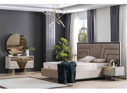 Schlofkummer Set Bett 2x Nuetsdëscher Kommode Spigel Luxus Set 5 Stécker
