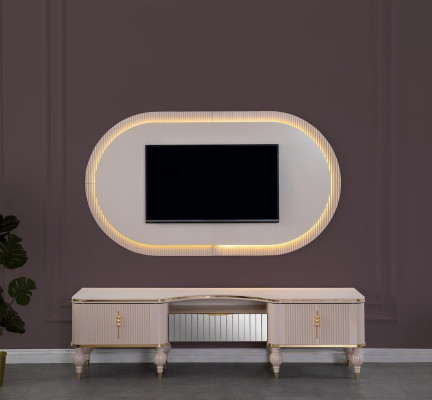 Modern beige Wunnmauer Garnitur Designer RTV-Lowboard Wandpanel 2-Stéck