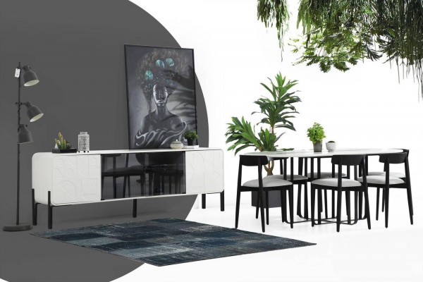 Modern Iesszëmmer Designer Gruppe Iessdësch Still Sideboard Dësch Holz Set 6tlg Wäiss
