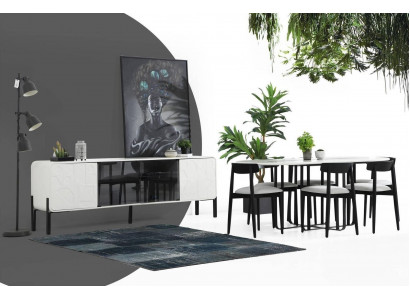 Modern Iesszëmmer Designer Gruppe Iessdësch Still Sideboard Dësch Holz Set 6tlg Wäiss