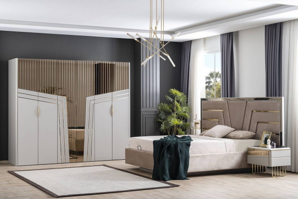 Modernt Schlofzëmmer Set Designer Bett 2x Nuetsdëscher Kleederschaf