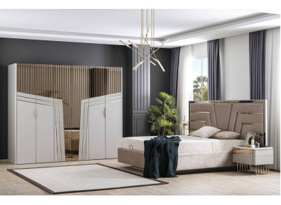 Modernt Schlofzëmmer Set Designer Bett 2x Nuetsdëscher Kleederschaf