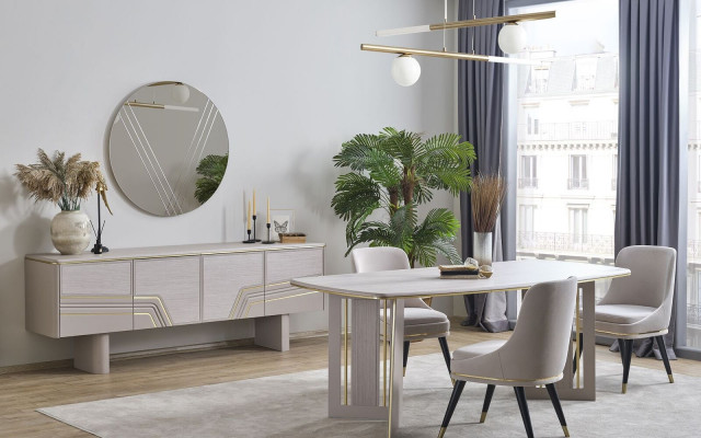 Stilvolle Iesszëmmer Set Designer Dësch 4x Still Schief Spigel