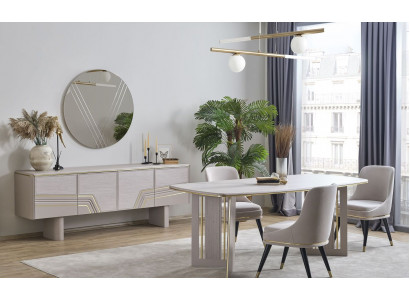 Stilvolle Iesszëmmer Set Designer Dësch 4x Still Schief Spigel