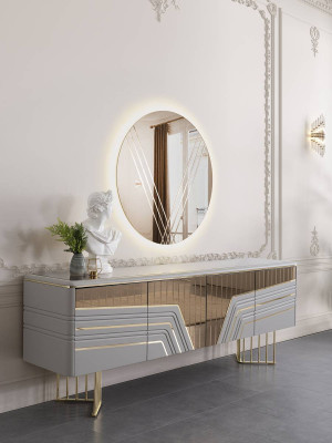 Modernt sëlwerend Sideboard ronne Spigel LED Beliichtung Designer 2-Stéck Set