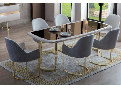 Luxuriéis Iesszëmmer Garnitur Luxus Glasdësch Edelstolstillen Modern 7-Deel Set